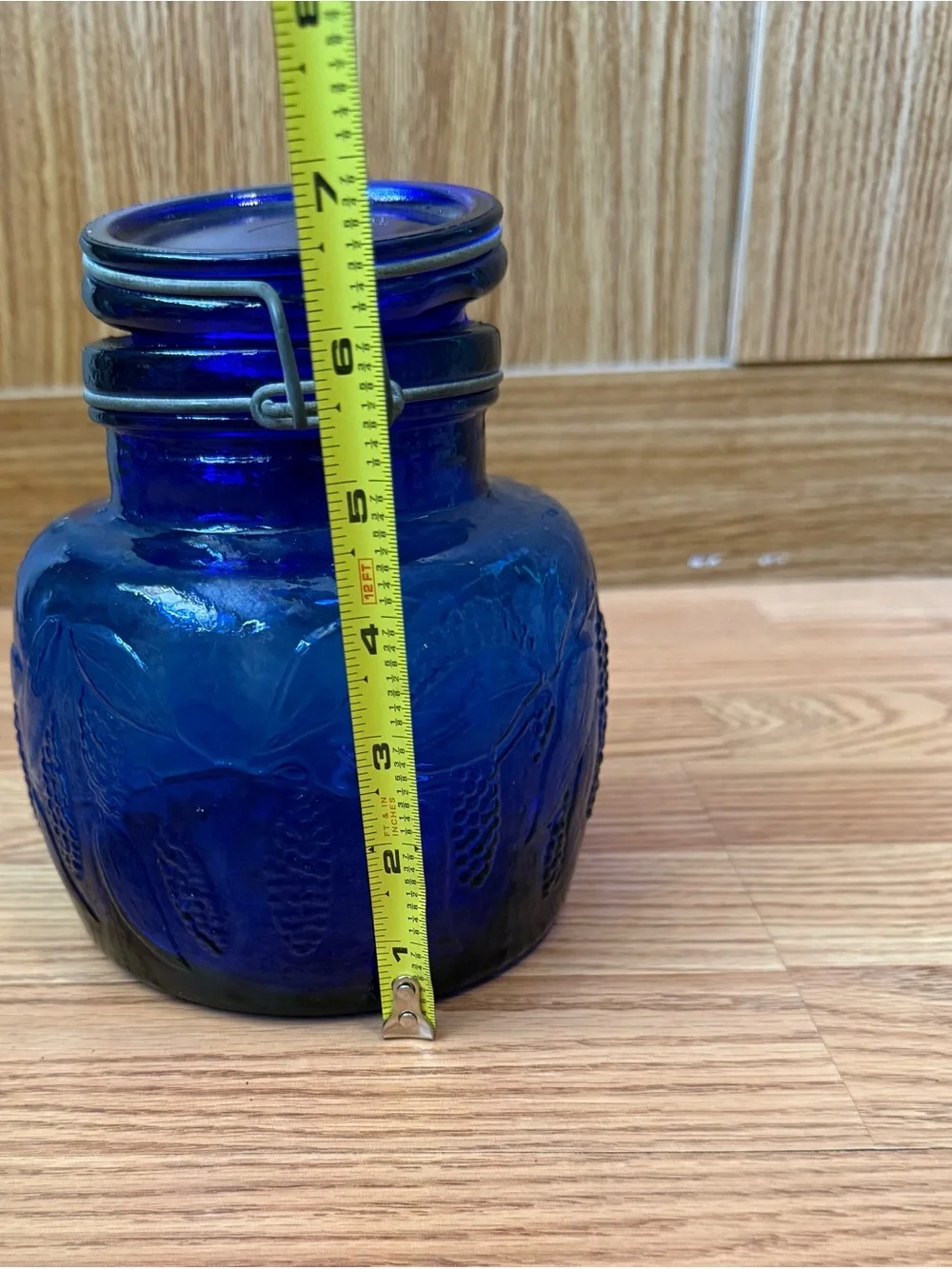 Vintage Italian Cobalt Blue Glass Canister, Embossed Grapevine Jar, Swing lid